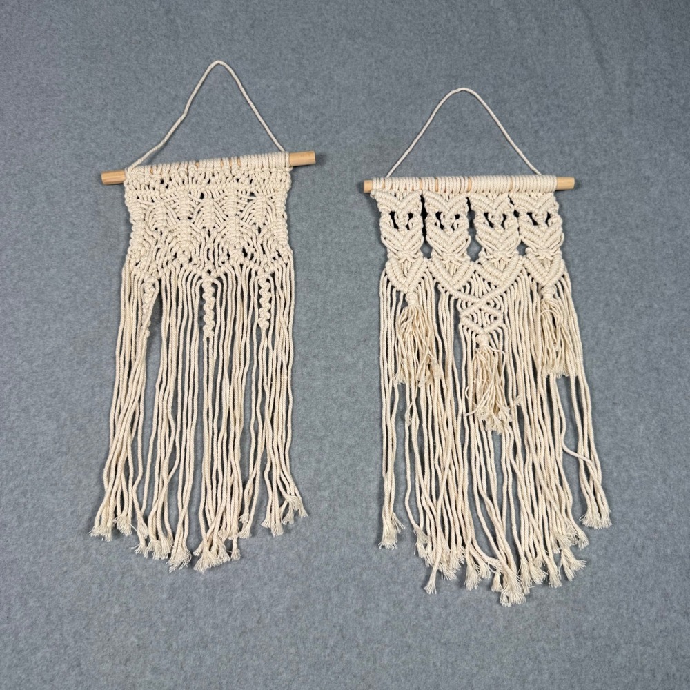 Set of 2 Boho Macrame Wall Hangings Cream Cotton Fringe Tassel Home Decor Boho
